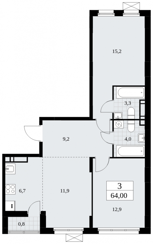 4-комнатная квартира в ЖК Бунинские кварталы на 10 этаже в 1 секции. Сдача в 2 кв. 2026 г.
