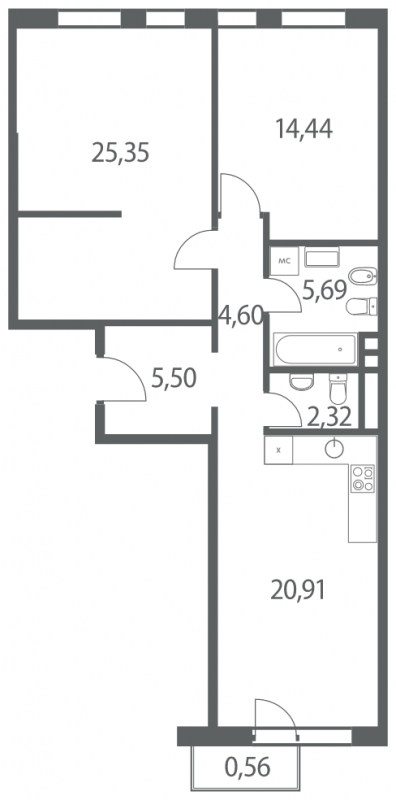 2-комнатная квартира в ЖК Headliner на 25 этаже в 3 секции. Сдача в 4 кв. 2022 г.