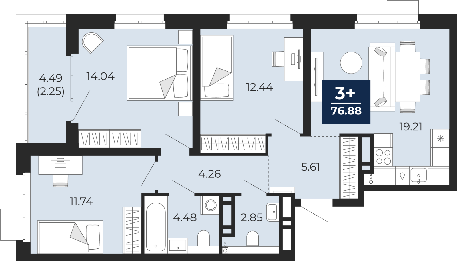 1-комнатная квартира (Студия) в ЖК Бунинские кварталы на 4 этаже в 4 секции. Сдача в 2 кв. 2026 г.