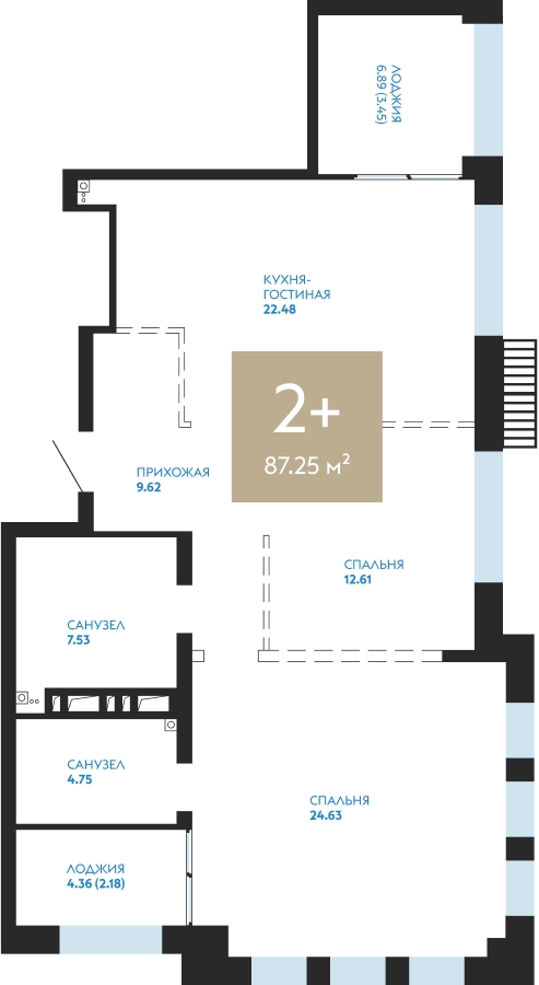 2-комнатная квартира в ЖК Бунинские кварталы на 7 этаже в 4 секции. Сдача в 2 кв. 2026 г.