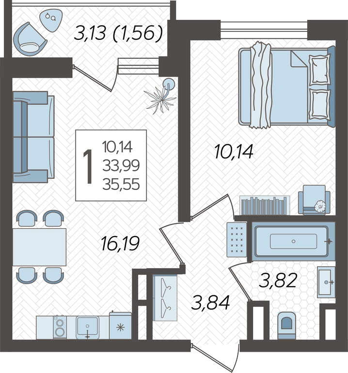 1-комнатная квартира с отделкой в ЖК Айвазовский City на 4 этаже в 7.3 секции. Сдача в 3 кв. 2026 г.