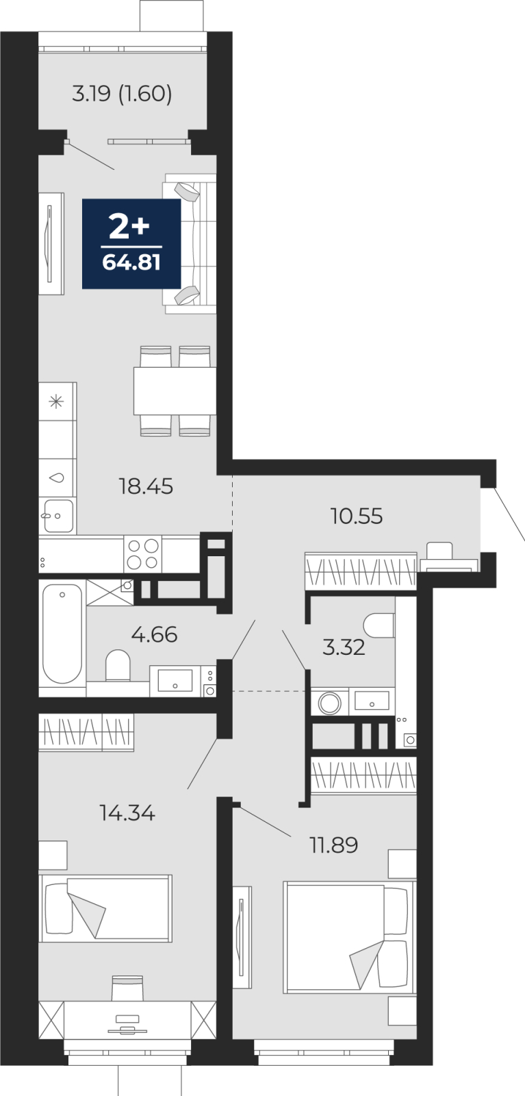 2-комнатная квартира в ЖК Бунинские кварталы на 9 этаже в 2 секции. Сдача в 2 кв. 2026 г.