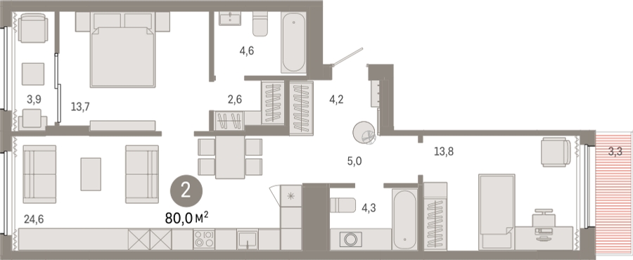 2-комнатная квартира в ЖК TERLE PARK на 4 этаже в 7 секции. Сдача в 4 кв. 2025 г.