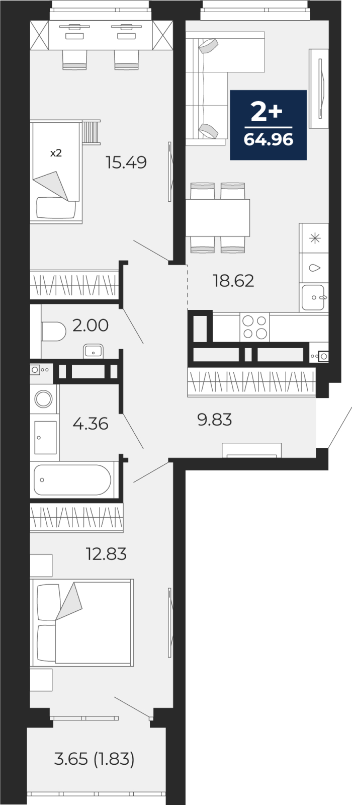 2-комнатная квартира в ЖК Бунинские кварталы на 6 этаже в 3 секции. Сдача в 2 кв. 2026 г.