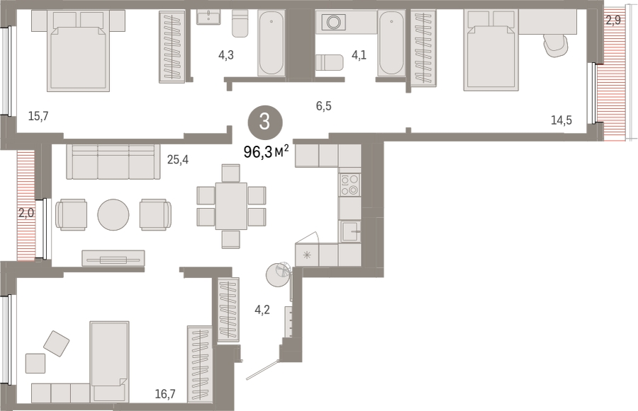 3-комнатная квартира в ЖК TERLE PARK на 28 этаже в 1 секции. Сдача в 4 кв. 2025 г.