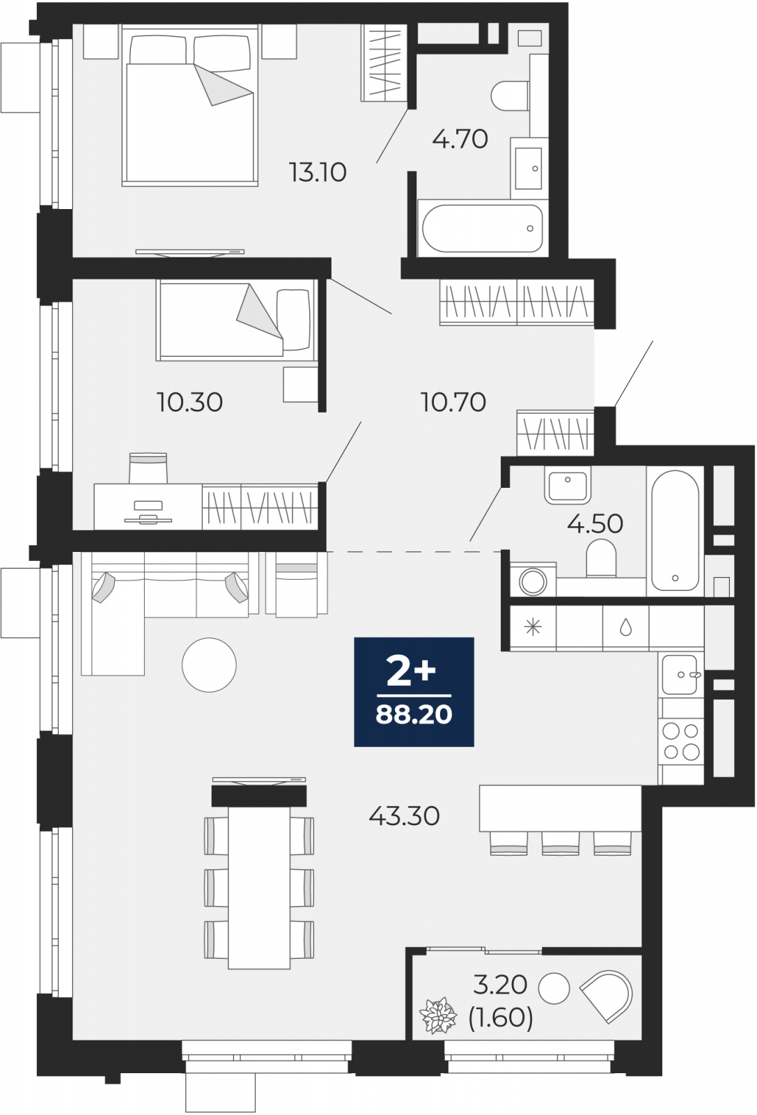 2-комнатная квартира с отделкой в ЖК Айвазовский City на 18 этаже в 7.1 секции. Сдача в 3 кв. 2026 г.