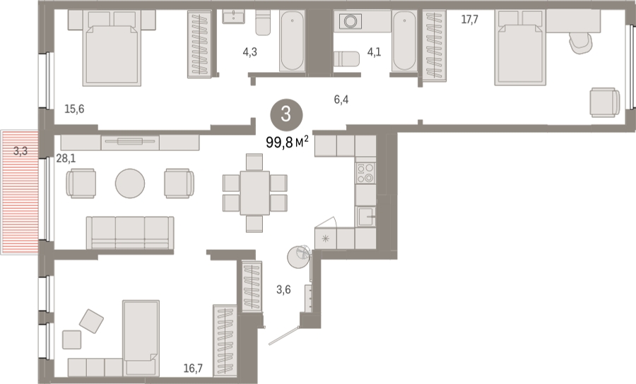 3-комнатная квартира в ЖК Бунинские кварталы на 15 этаже в 6 секции. Сдача в 2 кв. 2026 г.