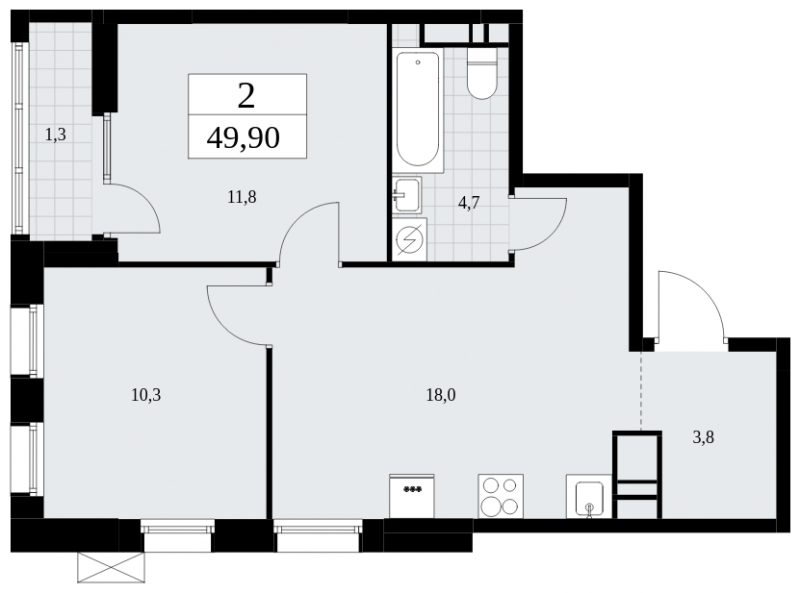 2-комнатная квартира в ЖК Бунинские кварталы на 11 этаже в 7 секции. Сдача в 2 кв. 2026 г.