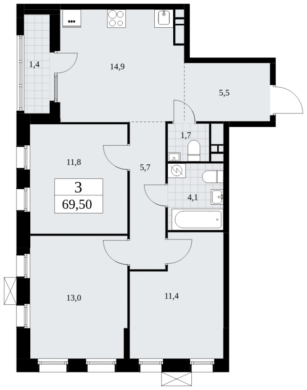 3-комнатная квартира в ЖК URAL на 4 этаже в 1 секции. Сдача в 4 кв. 2024 г.