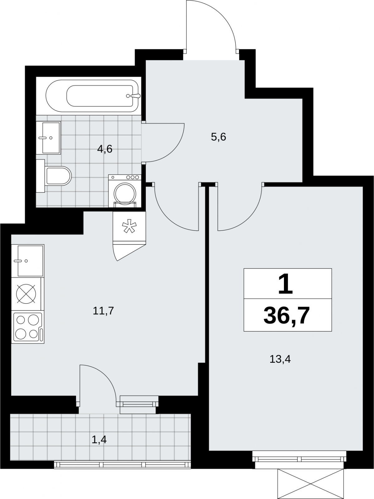 1-комнатная квартира в ЖК Бунинские кварталы на 13 этаже в 1 секции. Сдача в 2 кв. 2026 г.