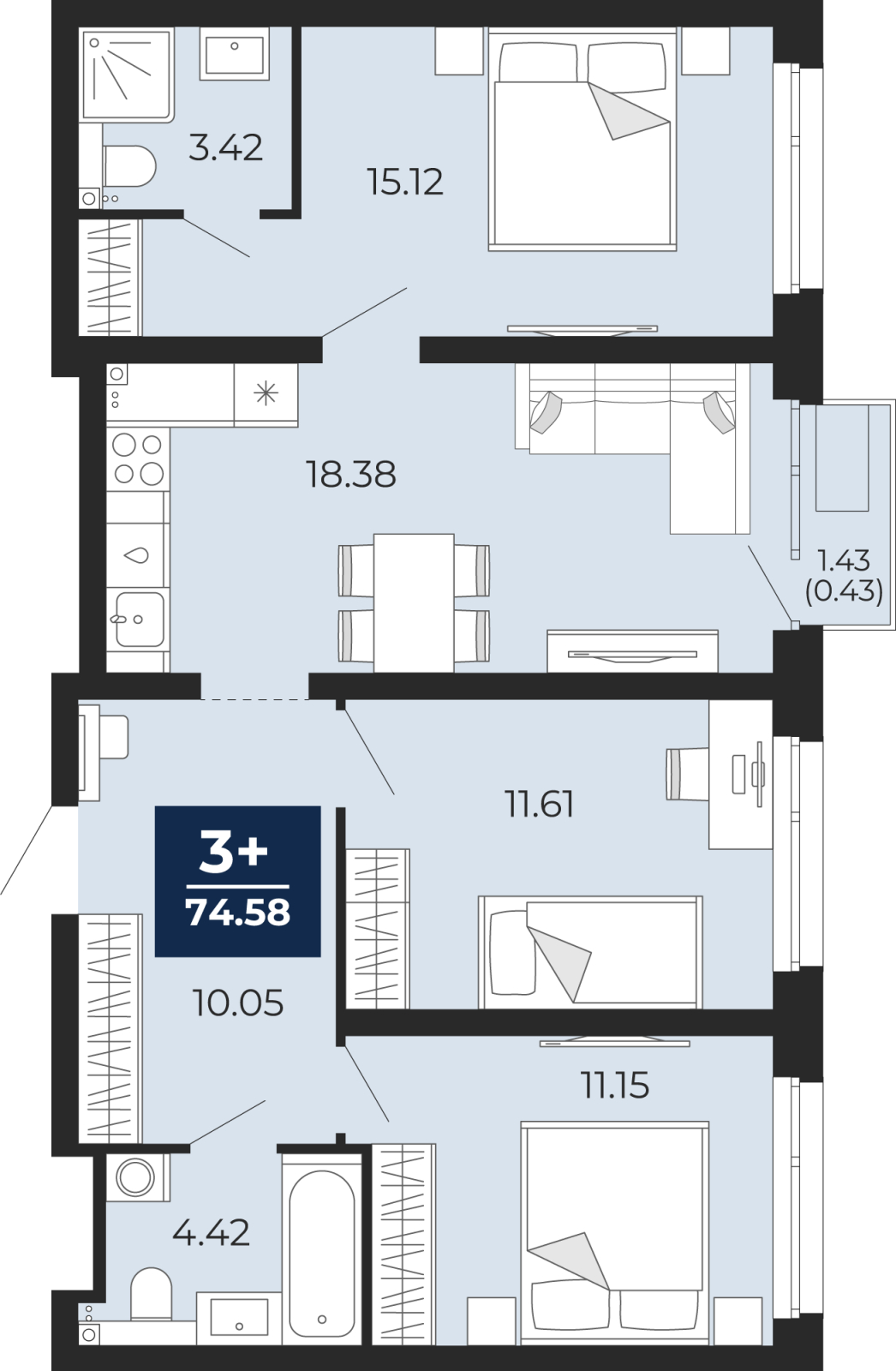1-комнатная квартира (Студия) в ЖК Бунинские кварталы на 5 этаже в 4 секции. Сдача в 2 кв. 2026 г.