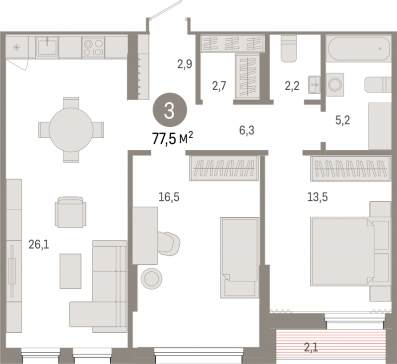 3-комнатная квартира в ЖК Бунинские кварталы на 8 этаже в 1 секции. Сдача в 2 кв. 2026 г.