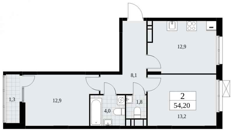 2-комнатная квартира в ЖК Бунинские кварталы на 17 этаже в 1 секции. Сдача в 2 кв. 2026 г.