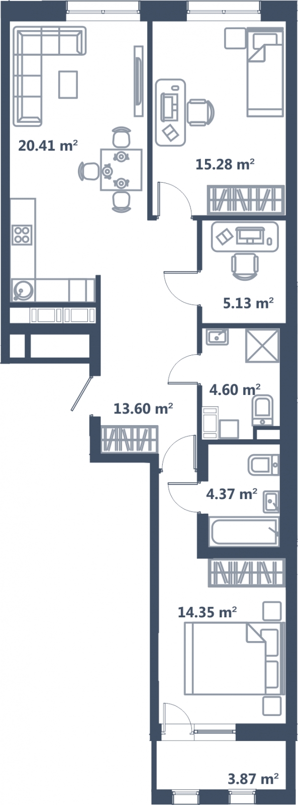 2-комнатная квартира в ЖК Бунинские кварталы на 15 этаже в 7 секции. Сдача в 2 кв. 2026 г.