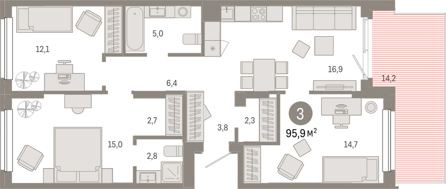 3-комнатная квартира в ЖК Бунинские кварталы на 16 этаже в 7 секции. Сдача в 2 кв. 2026 г.