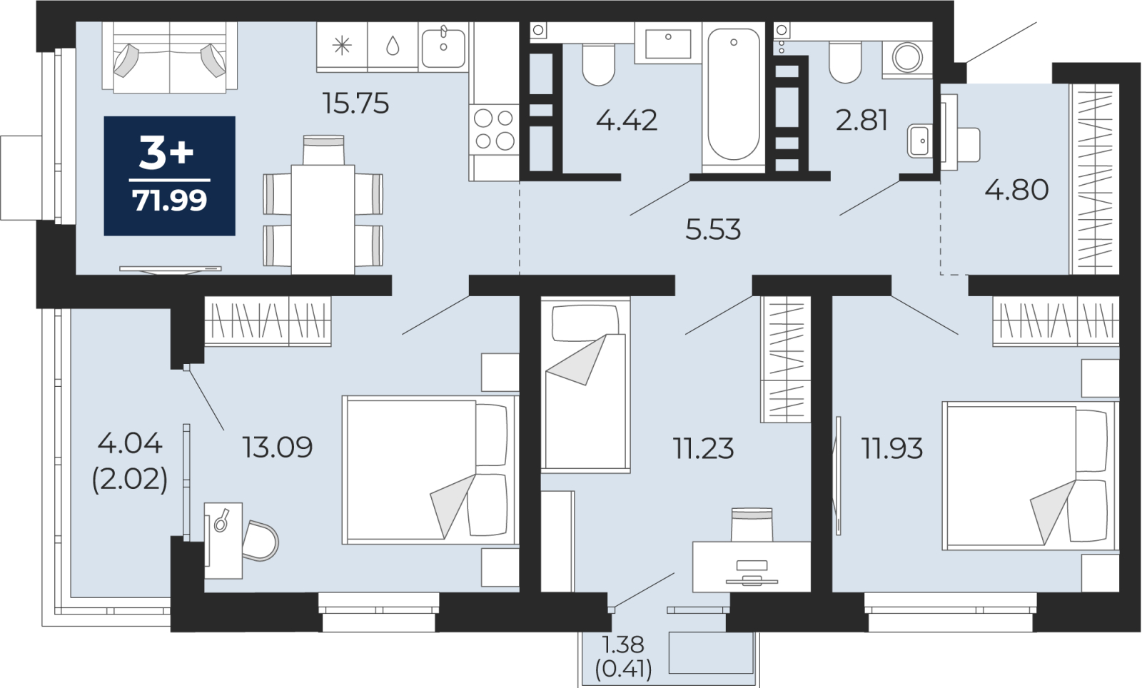 2-комнатная квартира с отделкой в ЖК Бунинские кварталы на 12 этаже в 1 секции. Сдача в 4 кв. 2024 г.