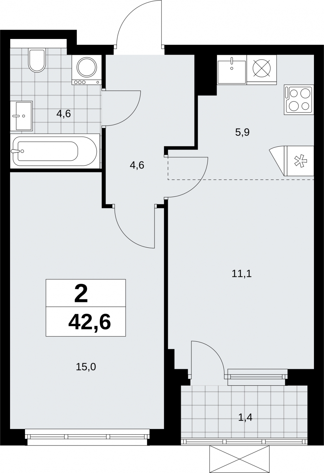 1-комнатная квартира с отделкой в ЖК Бунинские кварталы на 14 этаже в 1 секции. Сдача в 2 кв. 2026 г.