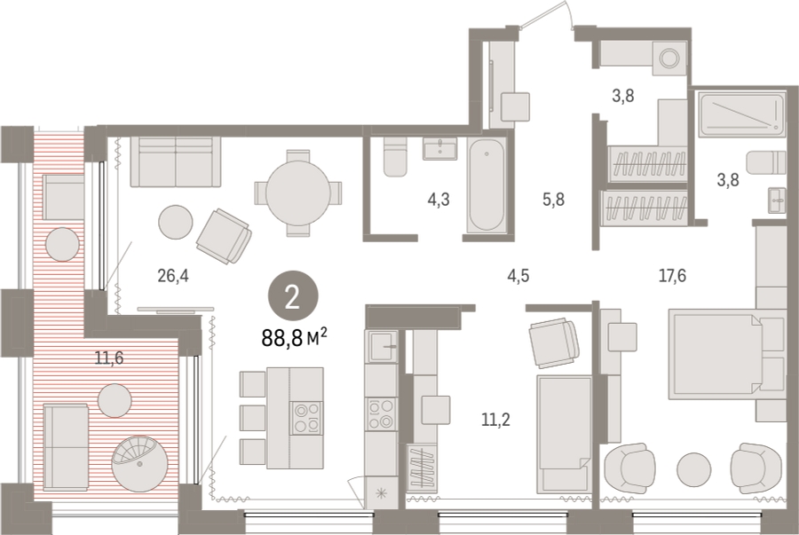 2-комнатная квартира в ЖК URAL на 18 этаже в 1 секции. Сдача в 4 кв. 2024 г.