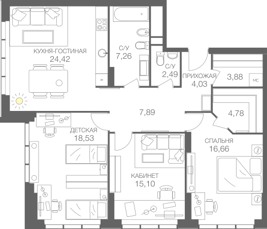 3-комнатная квартира с отделкой в ЖК Лучи на 3 этаже в 1 секции. Сдача в 3 кв. 2024 г.