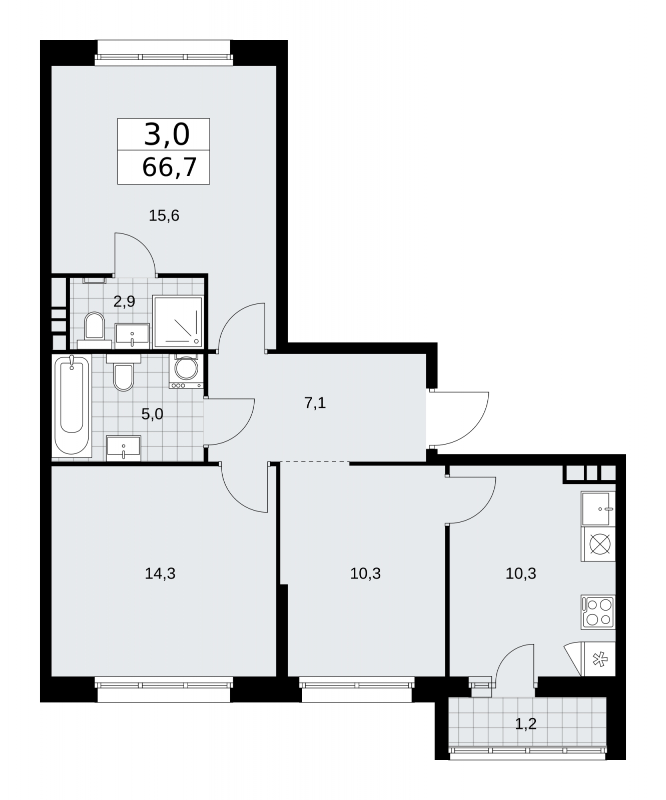 3-комнатная квартира с отделкой в ЖК Айвазовский City на 15 этаже в 7.3 секции. Сдача в 3 кв. 2026 г.