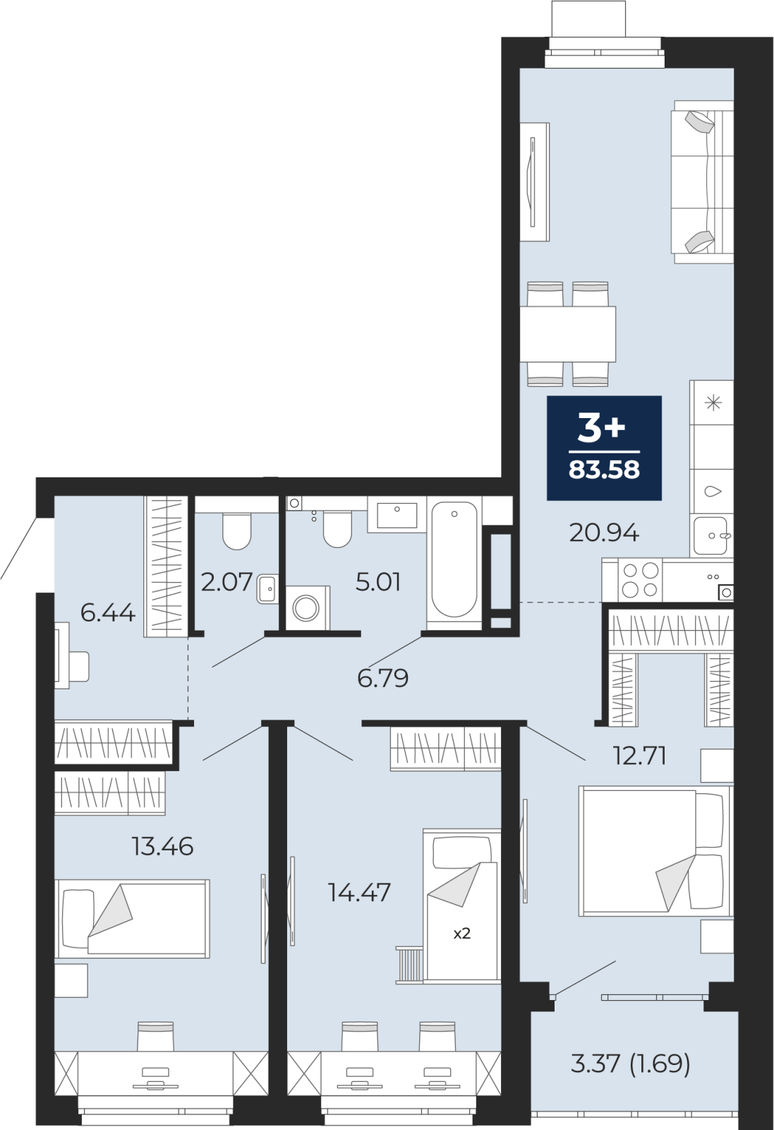 3-комнатная квартира с отделкой в ЖК Айвазовский City на 2 этаже в 7.4 секции. Сдача в 3 кв. 2026 г.