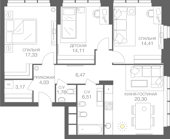 3-комнатная квартира с отделкой в ЖК Лучи на 4 этаже в 1 секции. Сдача в 3 кв. 2024 г.