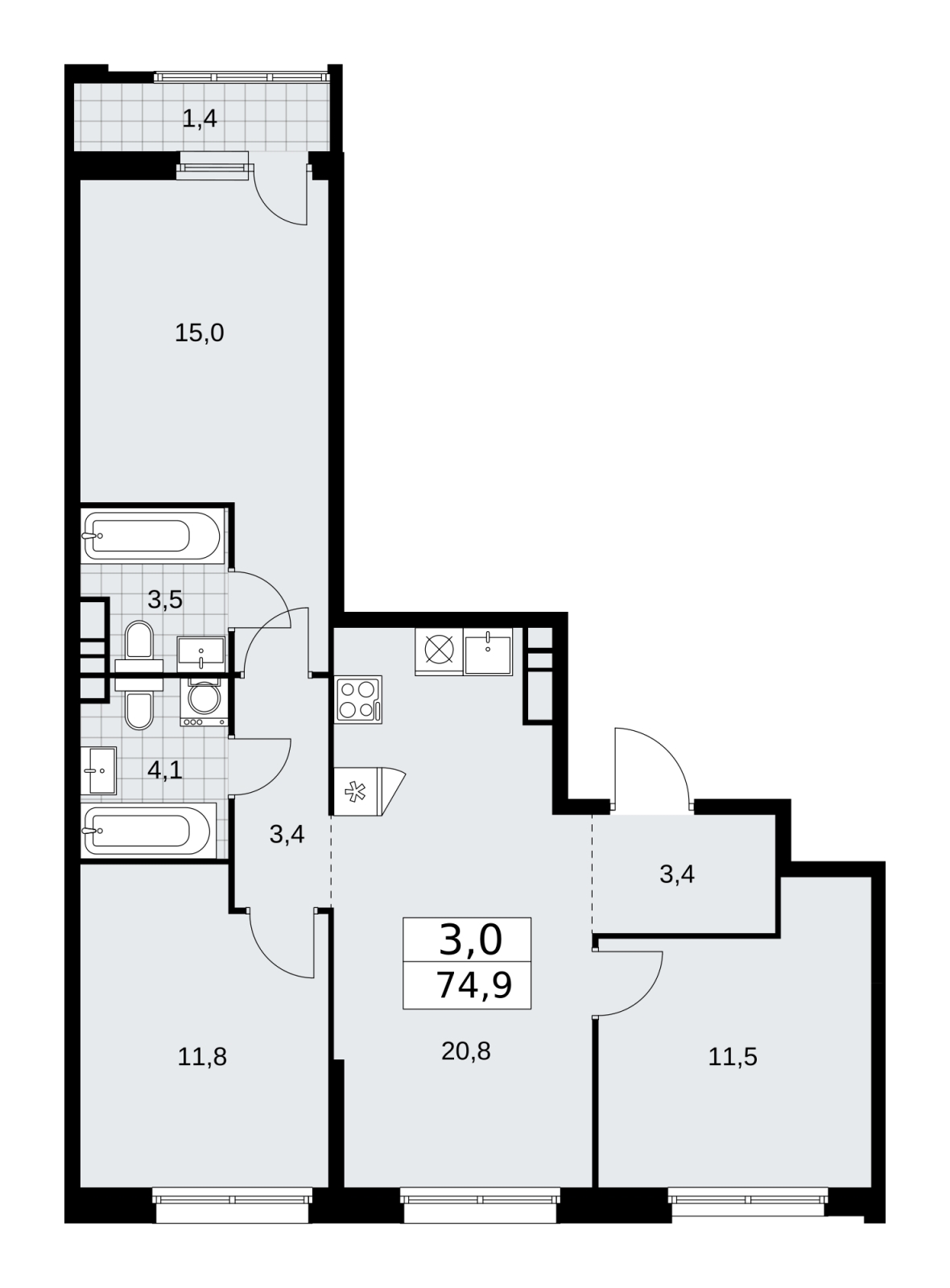 3-комнатная квартира в ЖК TERLE PARK на 28 этаже в 1 секции. Сдача в 4 кв. 2025 г.