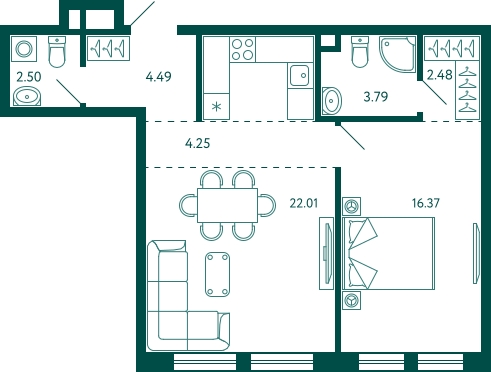 1-комнатная квартира в ЖК TERLE PARK на 2 этаже в 3 секции. Сдача в 4 кв. 2025 г.