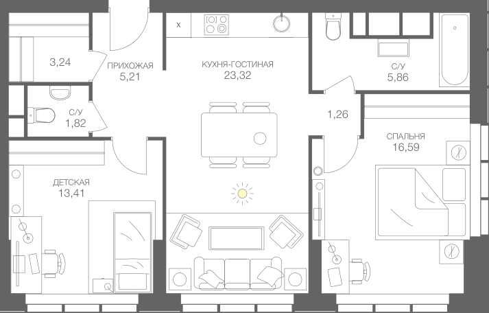 1-комнатная квартира (Студия) в ЖК Новоград Павлино на 3 этаже в 3 секции. Сдача в 2 кв. 2022 г.