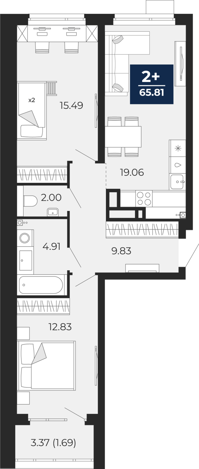 3-комнатная квартира с отделкой в ЖК Айвазовский City на 2 этаже в 7.5 секции. Сдача в 3 кв. 2026 г.