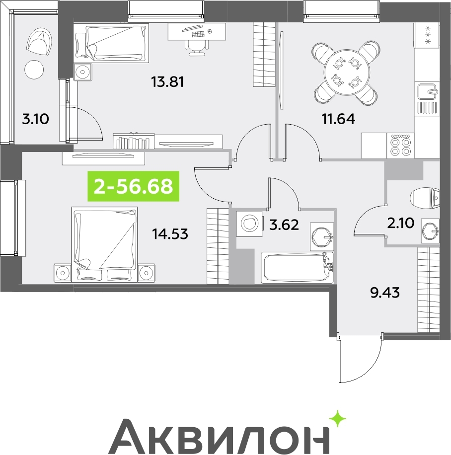 2-комнатная квартира в ЖК TERLE PARK на 5 этаже в 3 секции. Сдача в 4 кв. 2025 г.