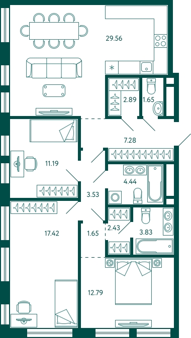 3-комнатная квартира с отделкой в ЖК TERLE PARK на 5 этаже в 5 секции. Сдача в 4 кв. 2025 г.