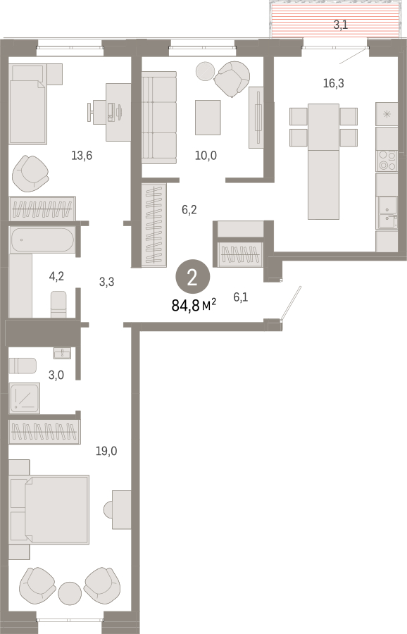1-комнатная квартира (Студия) с отделкой в ЖК Айвазовский City на 12 этаже в 7.1 секции. Сдача в 3 кв. 2026 г.