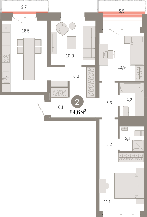 2-комнатная квартира с отделкой в ЖК Бунинские кварталы на 10 этаже в 1 секции. Сдача в 2 кв. 2026 г.