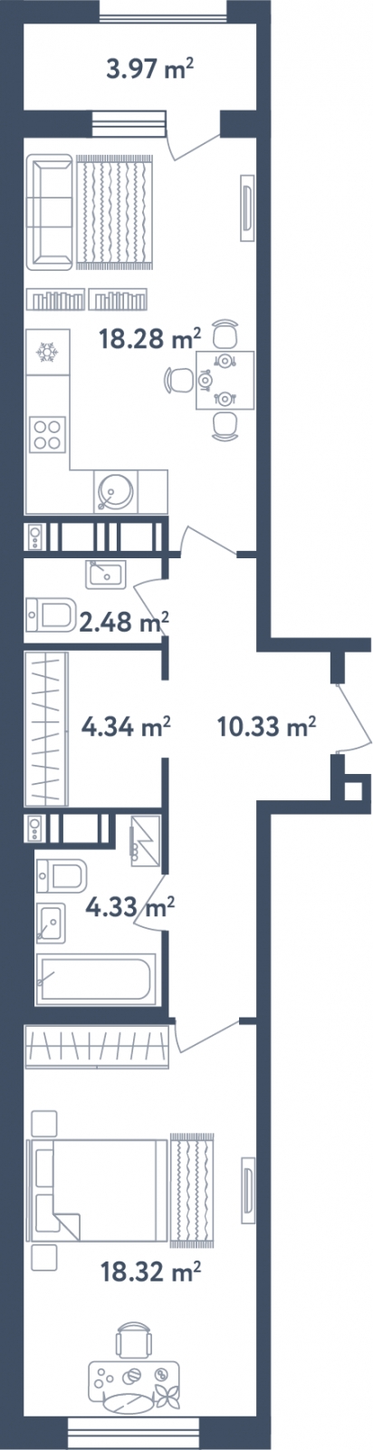2-комнатная квартира в ЖК TERLE PARK на 10 этаже в 4 секции. Сдача в 4 кв. 2025 г.