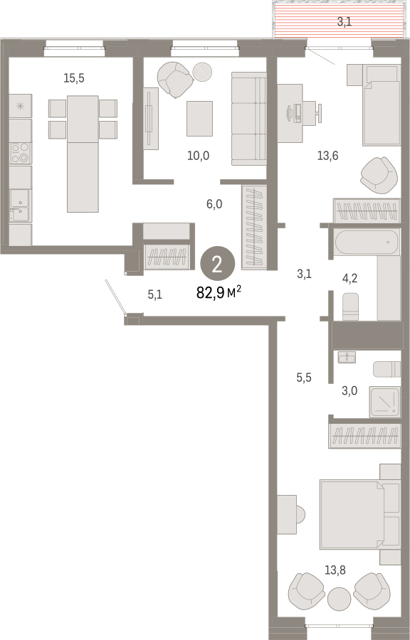 3-комнатная квартира в ЖК URAL на 17 этаже в 1 секции. Сдача в 4 кв. 2024 г.