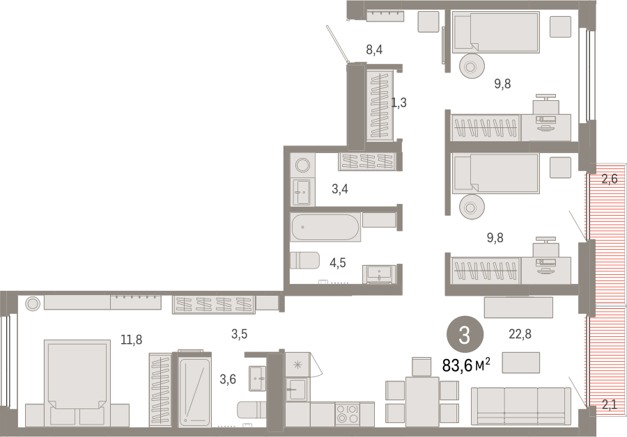 2-комнатная квартира с отделкой в ЖК Айвазовский City на 9 этаже в 7.1 секции. Сдача в 3 кв. 2026 г.