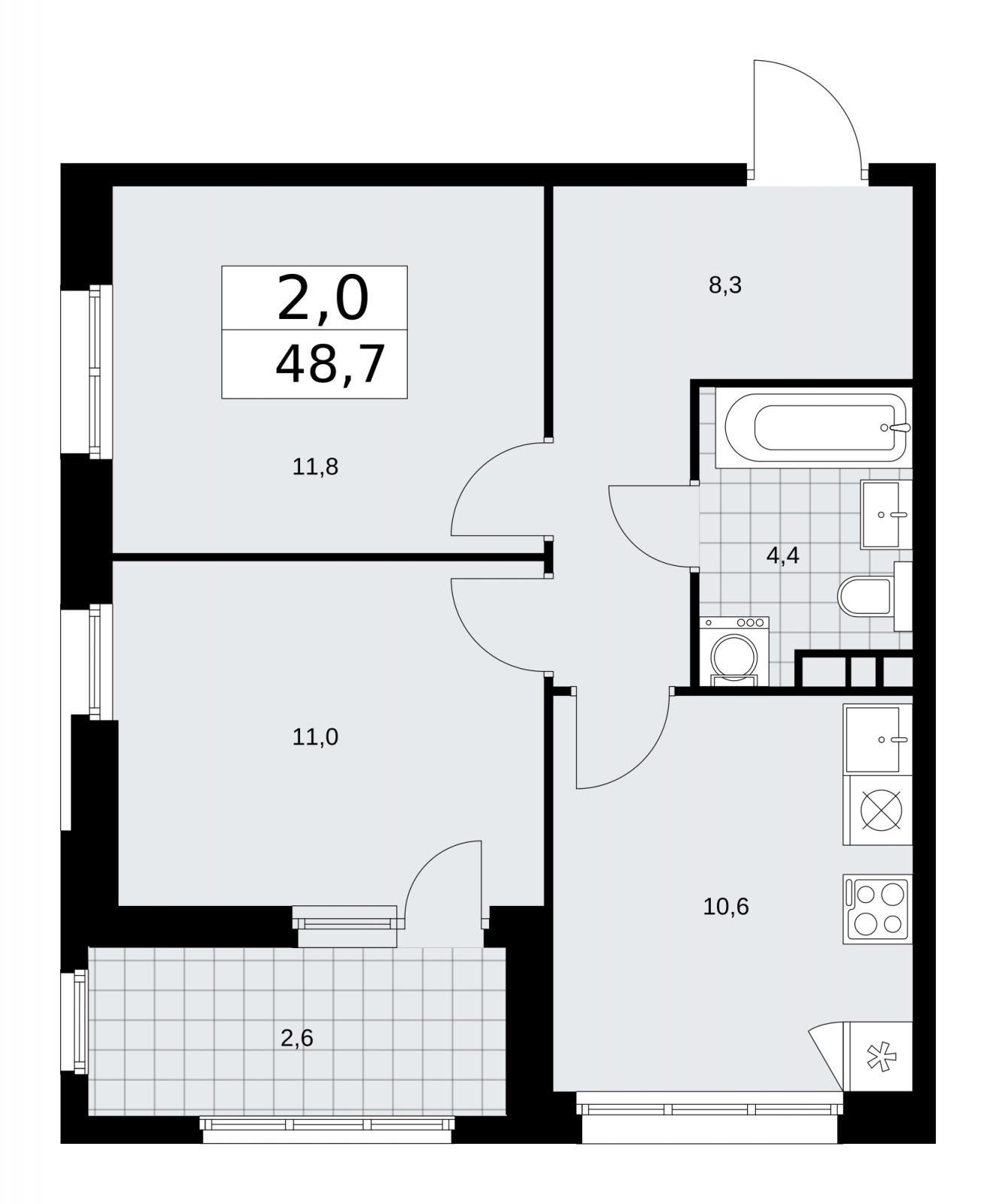 1-комнатная квартира в ЖК Бунинские кварталы на 12 этаже в 1 секции. Сдача в 2 кв. 2026 г.