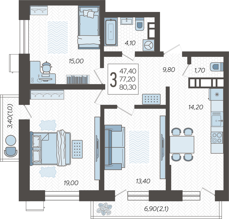 3-комнатная квартира в ЖК Небо на 1 этаже в 1 секции. Сдача в 2 кв. 2025 г.