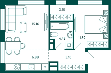 1-комнатная квартира в ЖК TERLE PARK на 5 этаже в 6 секции. Сдача в 4 кв. 2025 г.