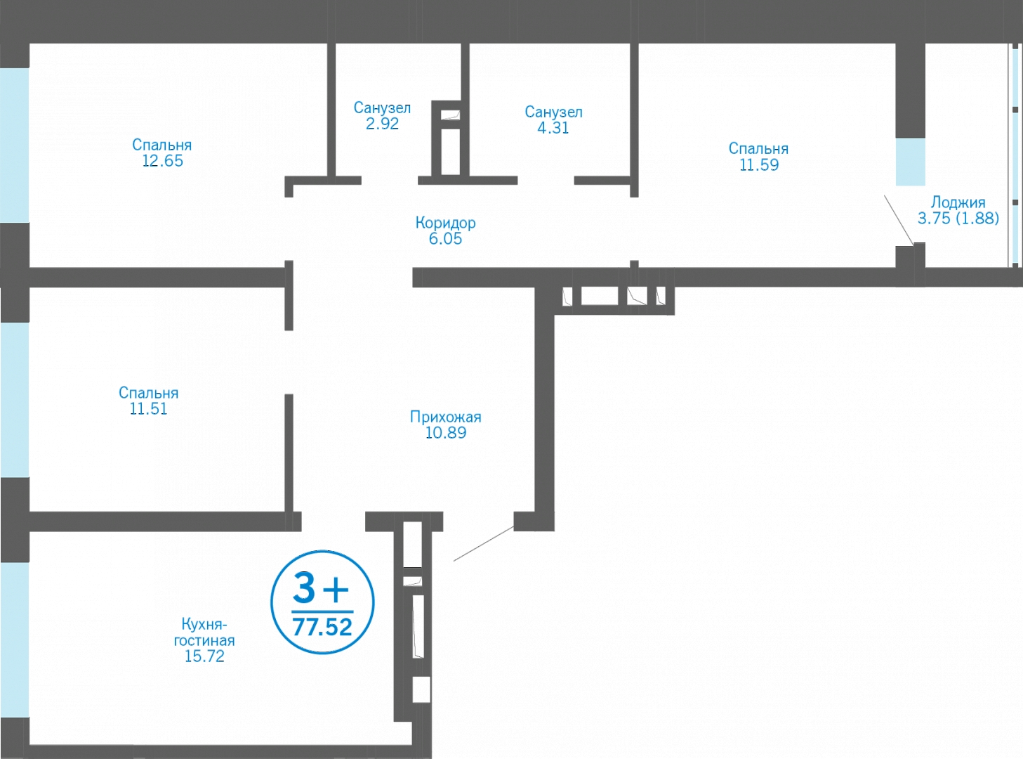3-комнатная квартира в ЖК TERLE PARK на 15 этаже в 1 секции. Сдача в 4 кв. 2025 г.