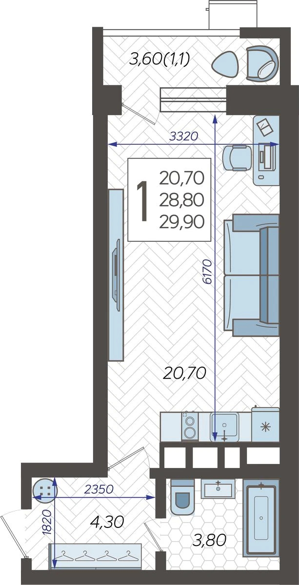 3-комнатная квартира в ЖК TERLE PARK на 20 этаже в 1 секции. Сдача в 4 кв. 2025 г.