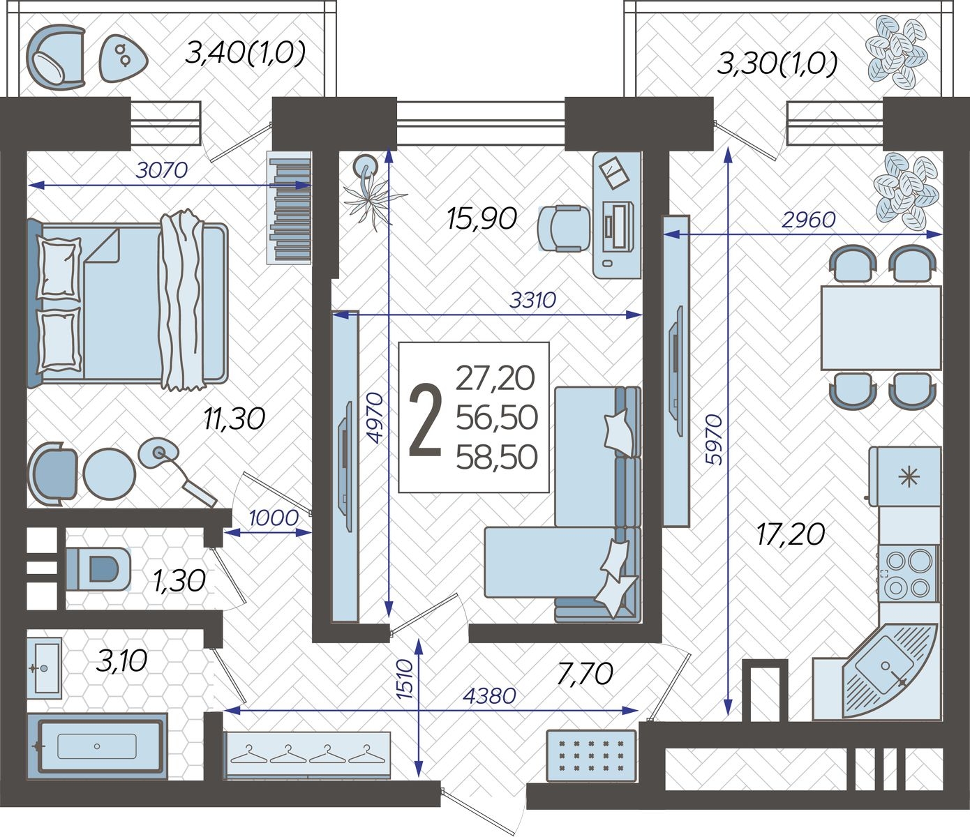 2-комнатная квартира в ЖК Небо на 1 этаже в 1 секции. Сдача в 1 кв. 2025 г.