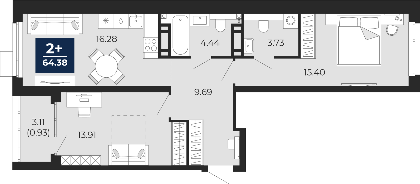 2-комнатная квартира с отделкой в ЖК Айвазовский City на 9 этаже в 7.2 секции. Сдача в 3 кв. 2026 г.