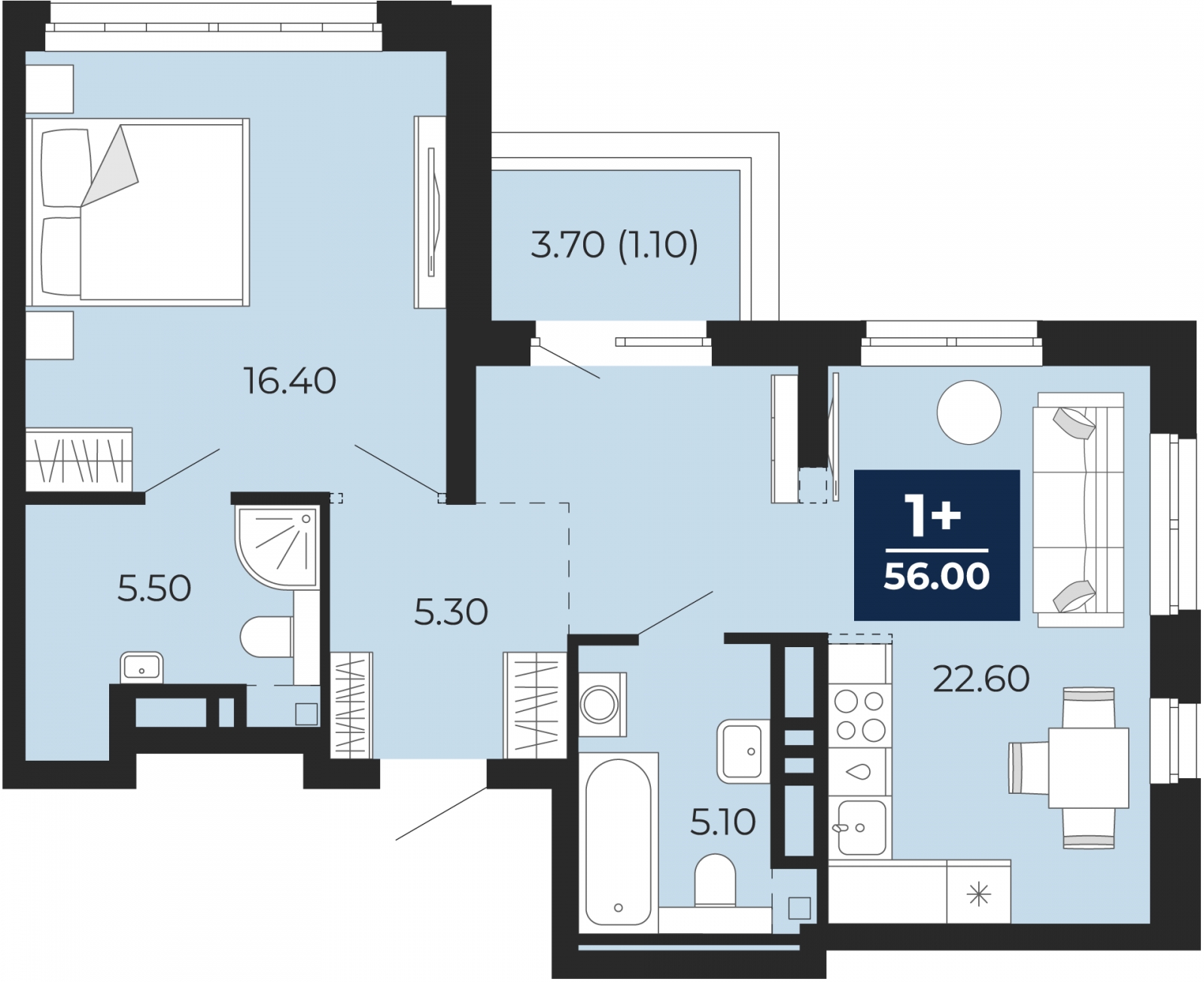 1-комнатная квартира с отделкой в ЖК Айвазовский City на 18 этаже в 7.4 секции. Сдача в 3 кв. 2026 г.