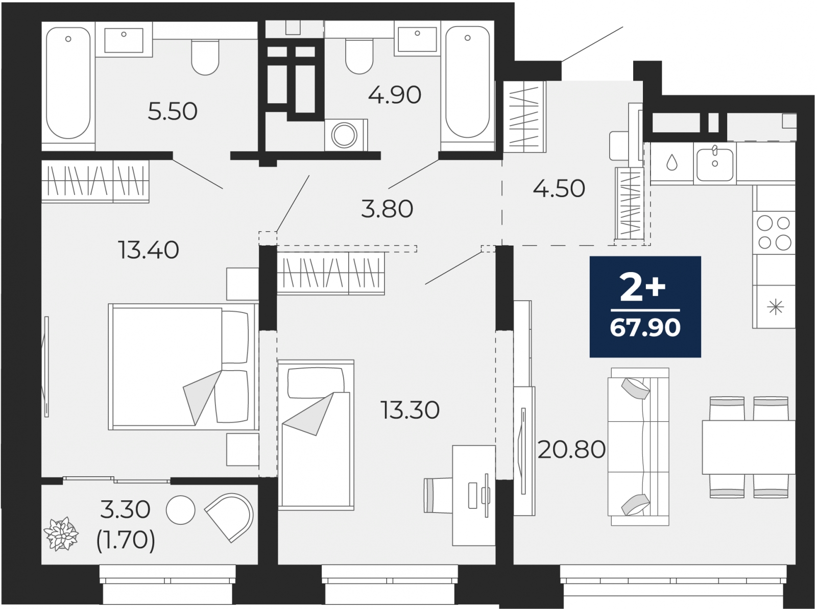 3-комнатная квартира в ЖК Бунинские кварталы на 7 этаже в 5 секции. Сдача в 2 кв. 2026 г.