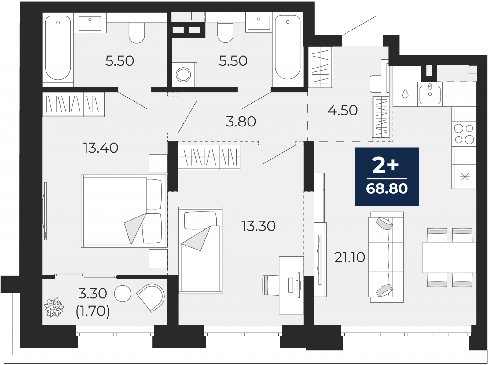 2-комнатная квартира с отделкой в ЖК Айвазовский City на 2 этаже в 7.4 секции. Сдача в 3 кв. 2026 г.