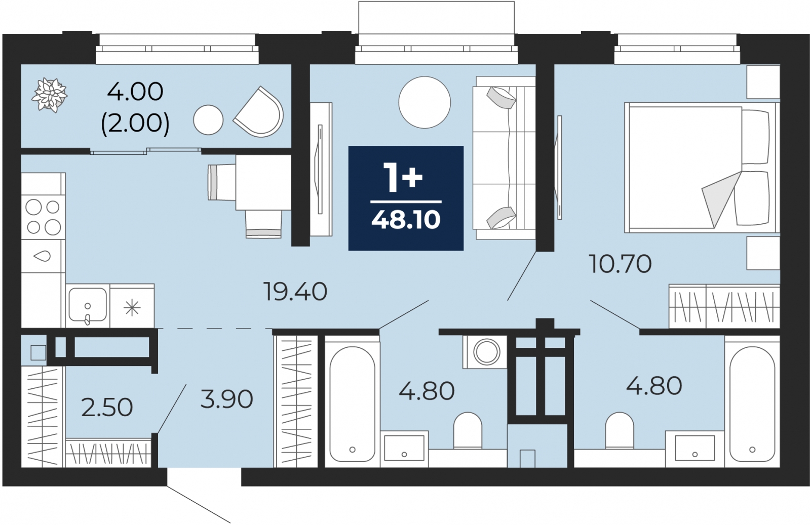 1-комнатная квартира с отделкой в ЖК Айвазовский City на 9 этаже в 7.5 секции. Сдача в 3 кв. 2026 г.