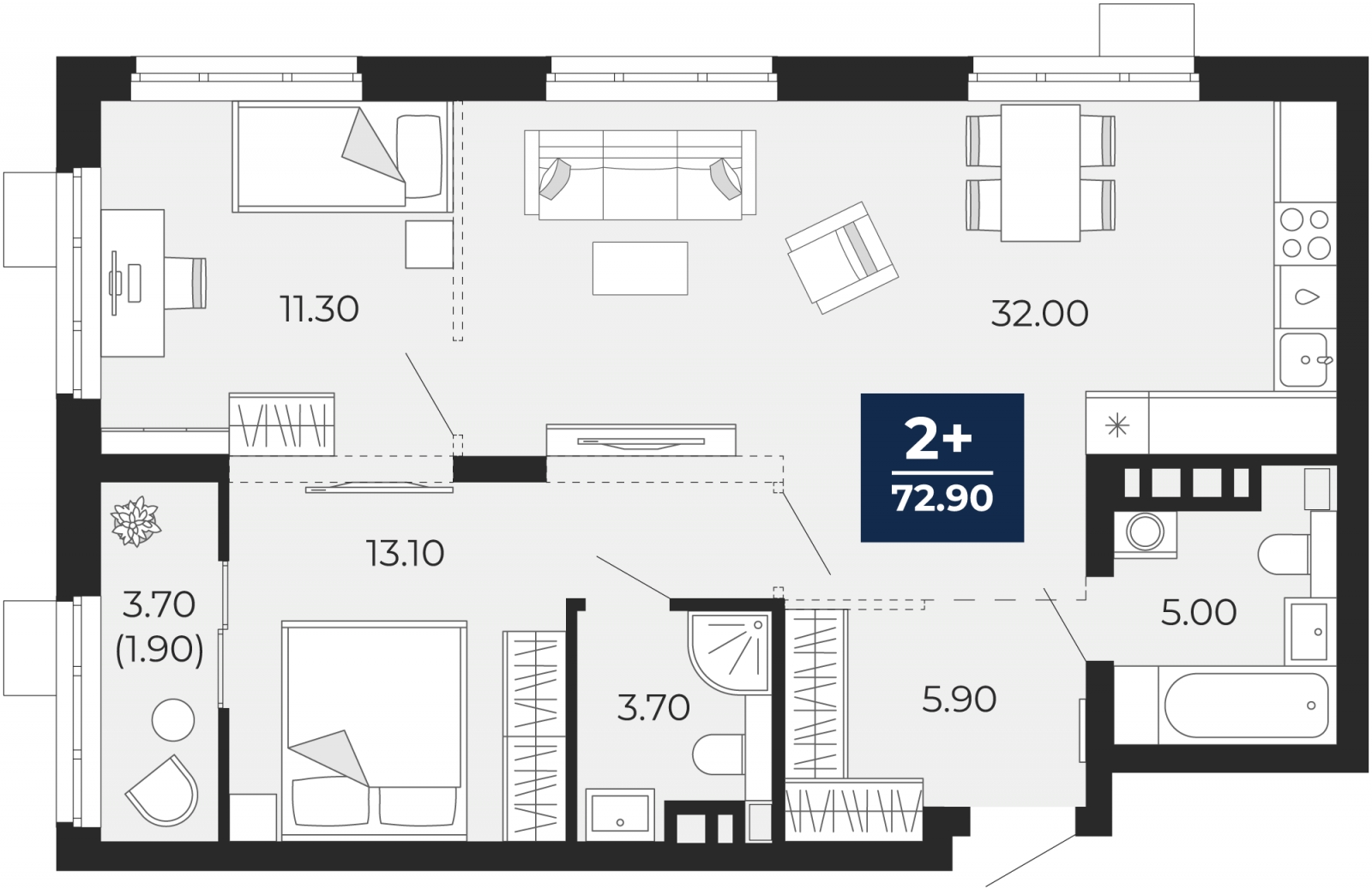 2-комнатная квартира с отделкой в ЖК Айвазовский City на 4 этаже в 7.5 секции. Сдача в 3 кв. 2026 г.