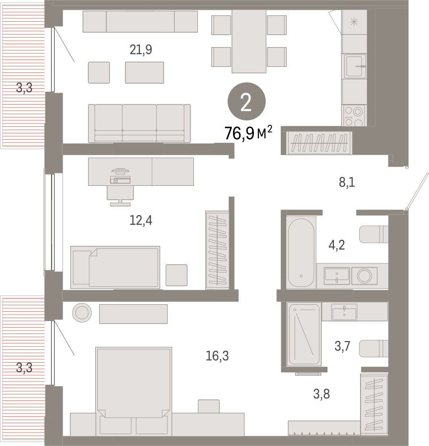 1-комнатная квартира в ЖК URAL на 22 этаже в 1 секции. Сдача в 4 кв. 2024 г.